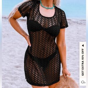 Cupshe Black Open Back Short Sleeve Swim Cover Up Dress Size S